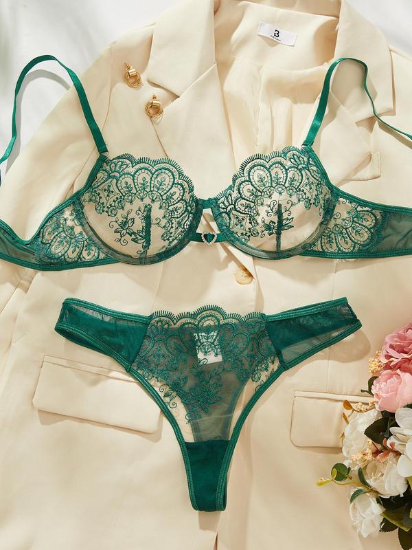 Women's 2pcs Embroidery Sheer Heart Decor Sexy Lingerie Set, Lady Comfort Adjustable Strap Cut Out Lingerie & High Cut Knicker, Women's Underwear Set for All Seasons, Womenswear